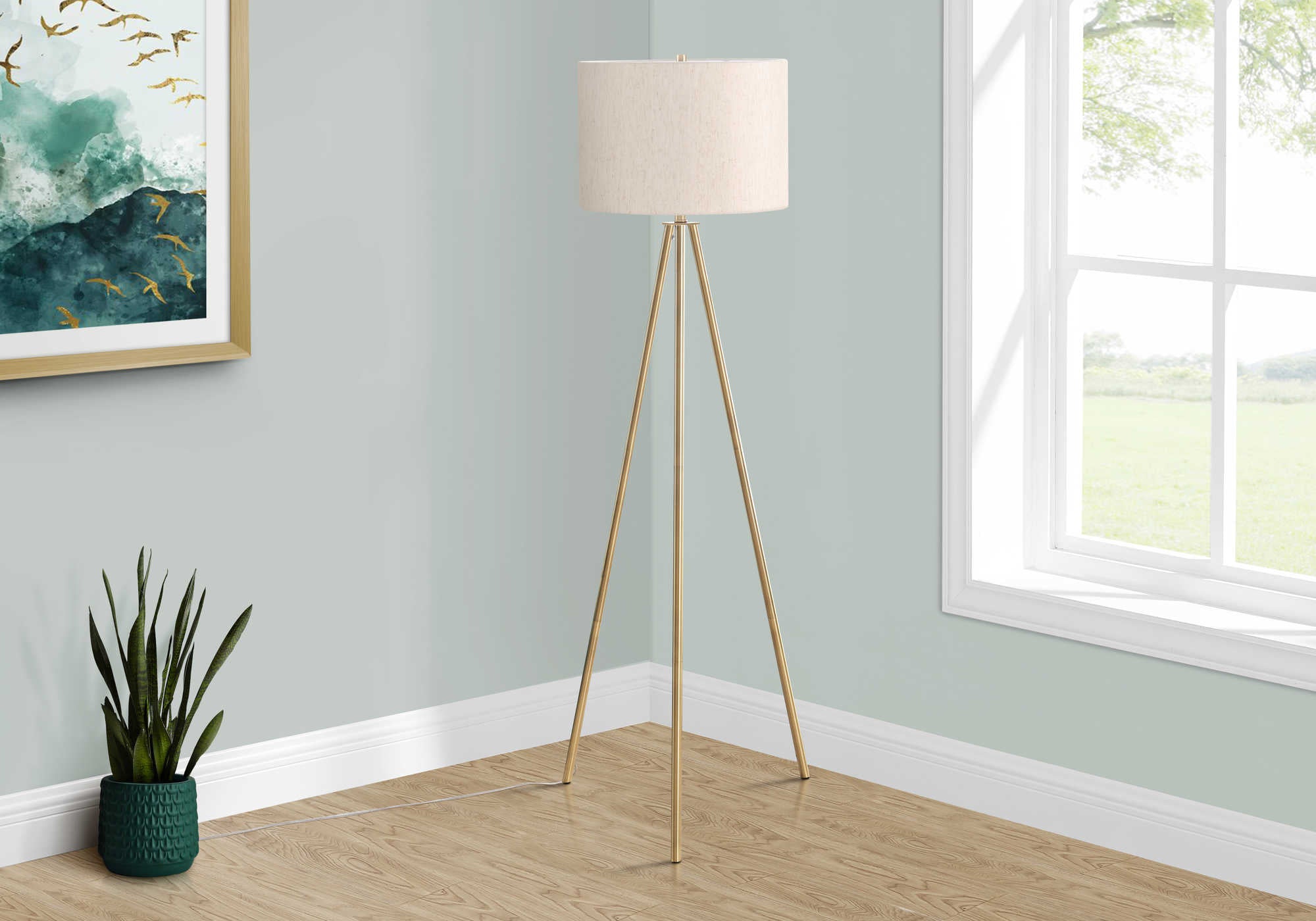Image of lighting - 63h tripod floor lamp brass metal  ivory i 9736.